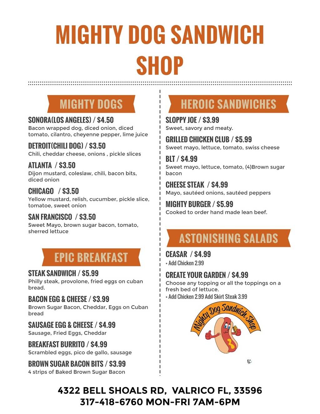 The Mighty Dog Sandwich Shop | restaurant | 4322 Bell Shoals Rd, Valrico, FL 33596, USA | 3174186760 OR +1 317-418-6760