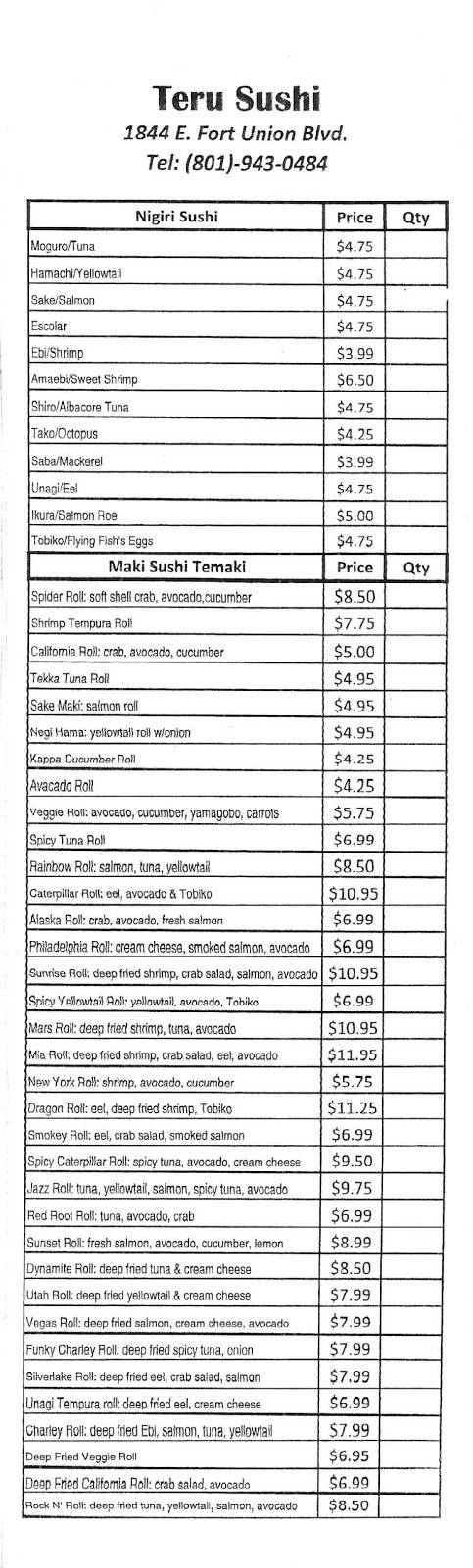 Teru Sushi | restaurant | 1844 Fort Union Blvd #3, Salt Lake City, UT 84121, USA | 8019430484 OR +1 801-943-0484