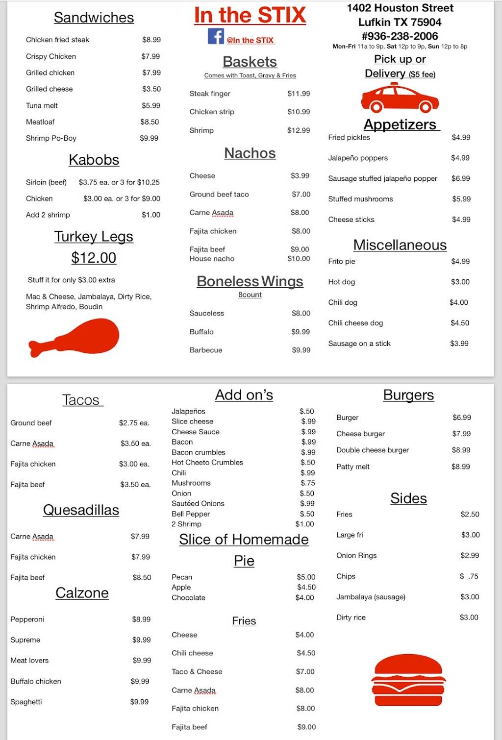 In The Stix | restaurant | 1402 Houston St, Lufkin, TX 75904, USA | 9362382006 OR +1 936-238-2006