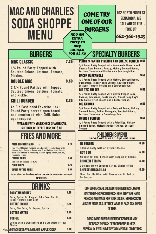 Mac and Charlies Soda Shoppe | restaurant | 102 N Front St, Senatobia, MS 38668, USA | 6623661925 OR +1 662-366-1925