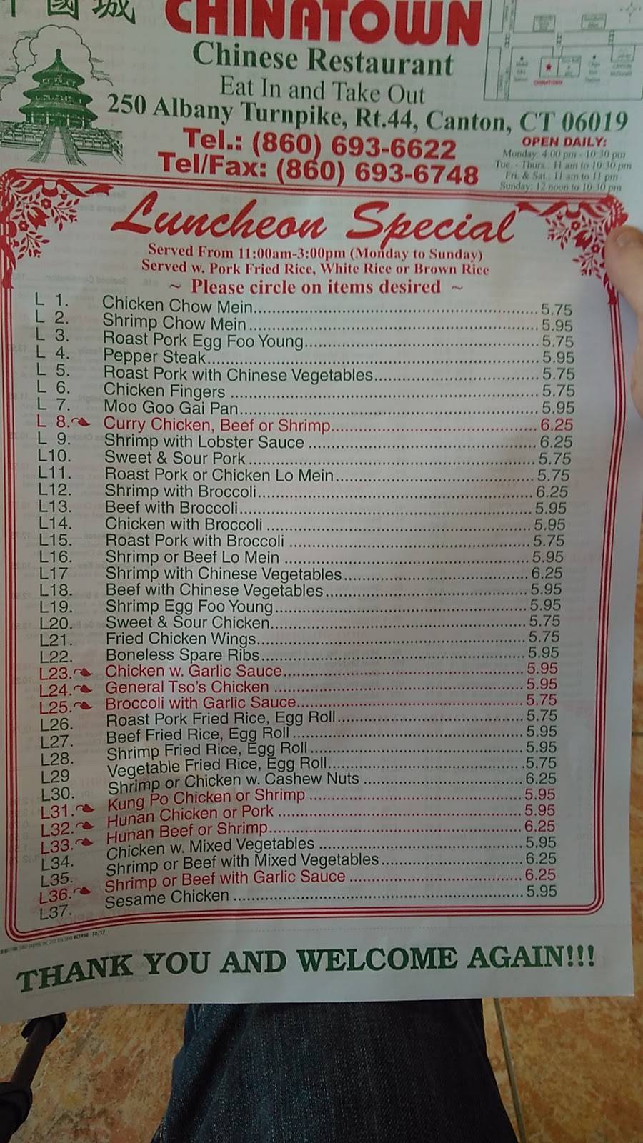 Chinatown Chinese Restaurant | restaurant | 250 Albany Turnpike, Canton, CT 06019, USA | 8606936622 OR +1 860-693-6622