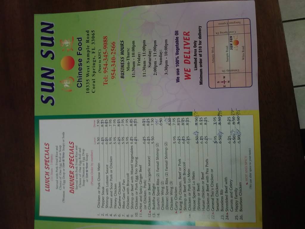 Sun Sun Chinese Take-Out | meal takeaway | 10335 W Sample Rd, Coral Springs, FL 33065, USA | 9543402566 OR +1 954-340-2566