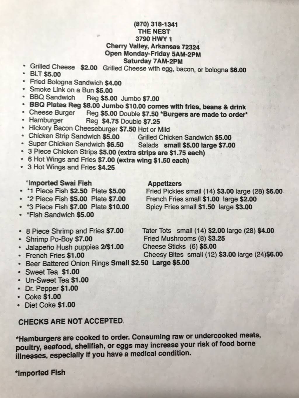 The Nest | restaurant | 8941, 3790 AR-1, Cherry Valley, AR 72324, USA | 8703181341 OR +1 870-318-1341