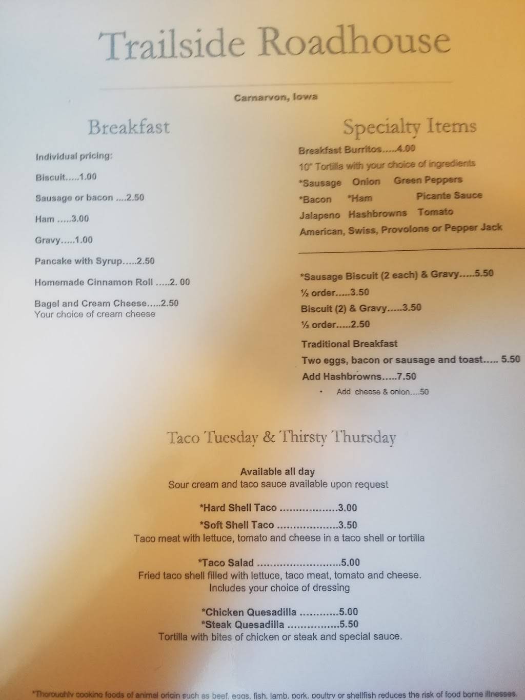 Trailside Roadhouse | restaurant | 110 370th St, Carnarvon, IA 51450, USA | 7126642706 OR +1 712-664-2706