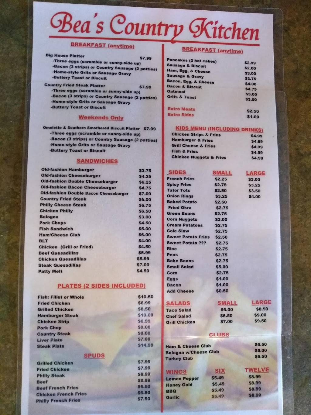 Beas Country Kitchen | restaurant | 407 W Calhoun St, Bruce, MS 38915, USA | 6629833004 OR +1 662-983-3004