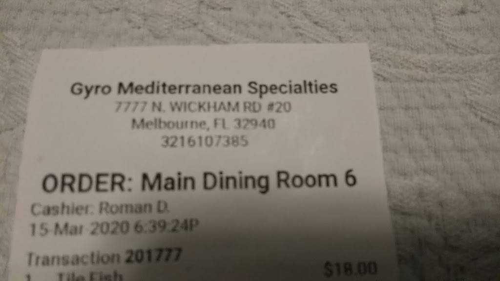Gyro Mediterranean Specialities | restaurant | 7777 N Wickham Rd #20, Melbourne, FL 32940, USA | 3216107385 OR +1 321-610-7385