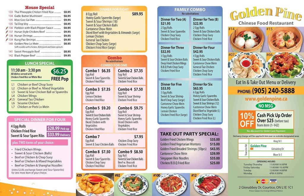 Golden Pine Chinese Restaurant | restaurant | 2 Glenabbey Dr, Courtice, ON L1E 1C1, Canada | 9052405888 OR +1 905-240-5888