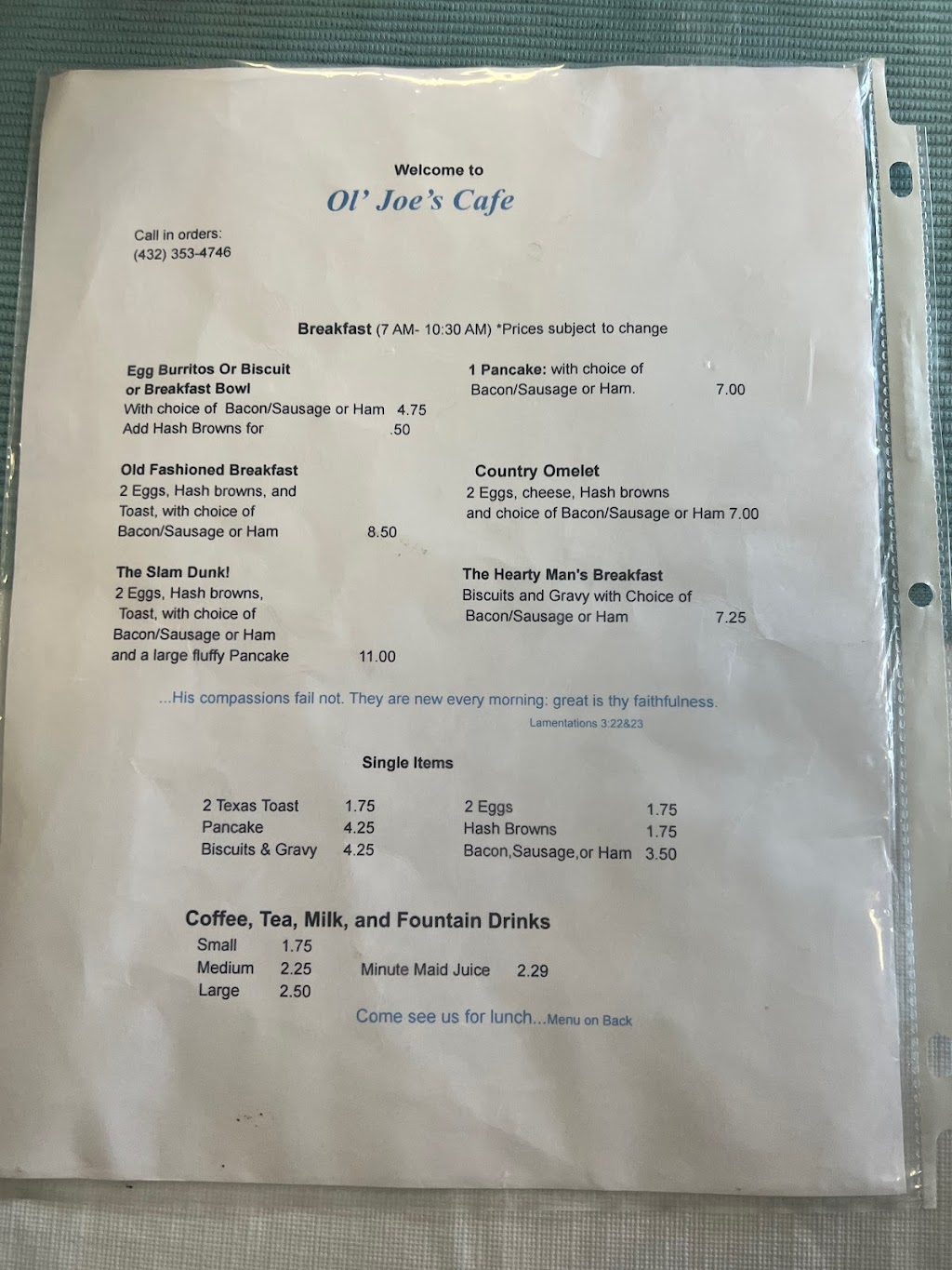 Ol Joes Cafe | restaurant | 301 5th St, Ackerly, TX 79713, USA | 4323534746 OR +1 432-353-4746