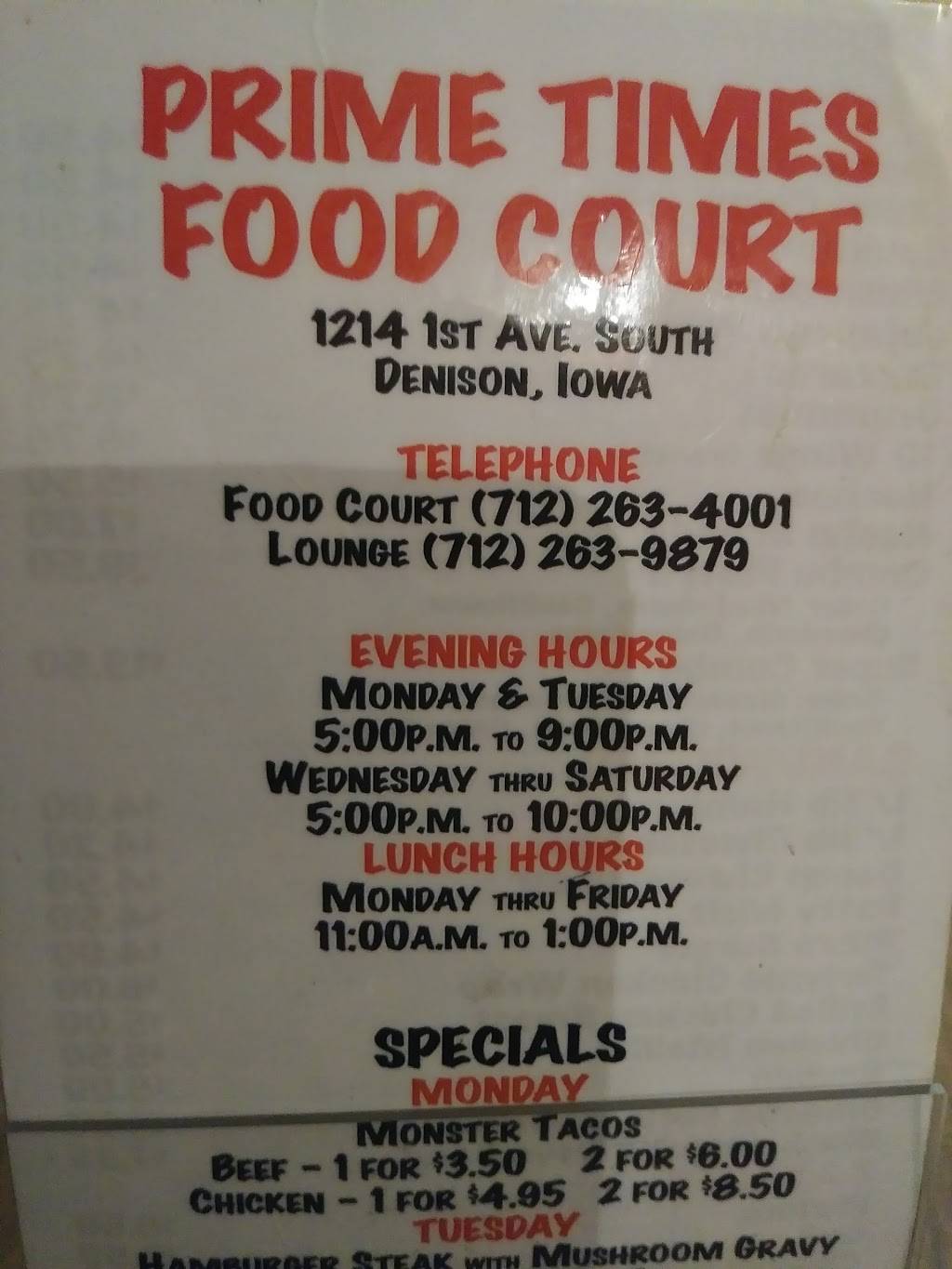 Prime Times Lounge and Food Court | restaurant | 1214 1st Ave S, Denison, IA 51442, USA | 7122639879 OR +1 712-263-9879