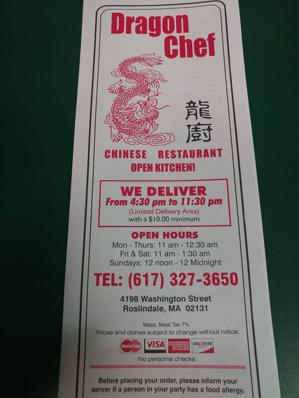 Dragon Chef | meal takeaway | 4198 Washington St, Roslindale, MA 02131, USA | 6173273650 OR +1 617-327-3650