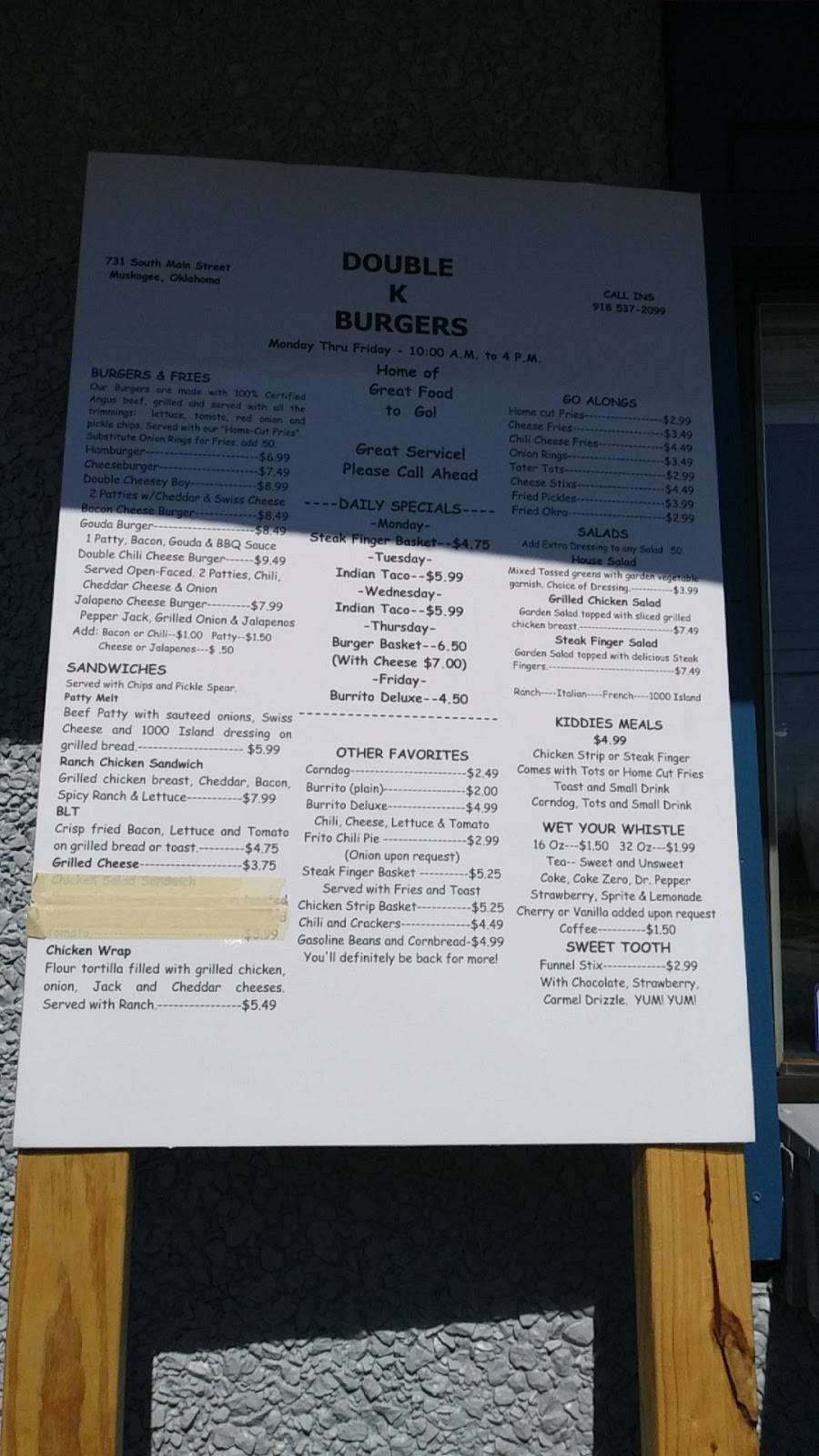 Double K Burgers | restaurant | 731 S Main St, Muskogee, OK 74401, USA | 9185372099 OR +1 918-537-2099