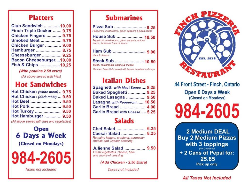 Finch Pizzeria | restaurant | 44 Front St, Finch, ON K0C 1K0, Canada | 6139842605 OR +1 613-984-2605