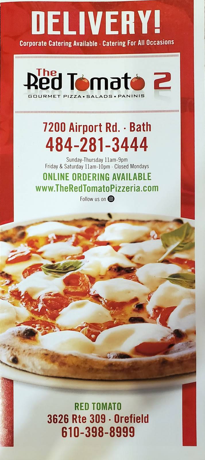The Red Tomato 2 Pizzeria | restaurant | 7200 Airport Rd, Bath, PA 18014, USA | 4842813444 OR +1 484-281-3444