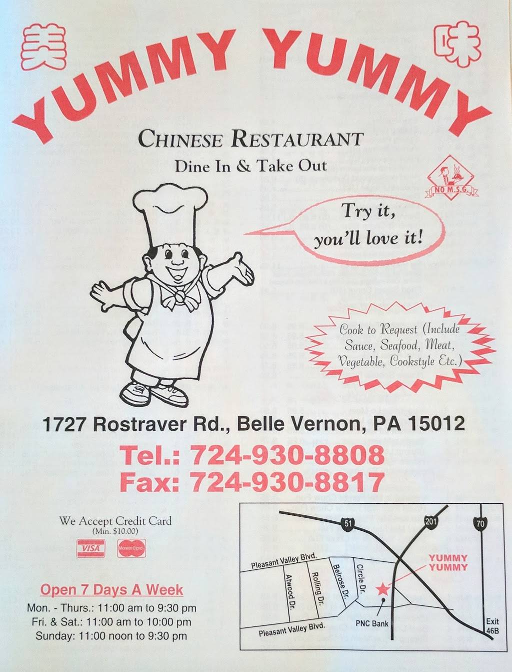 Yummy Yummy | restaurant | 1727 Rostraver Rd, Belle Vernon, PA 15012, USA | 7249308808 OR +1 724-930-8808