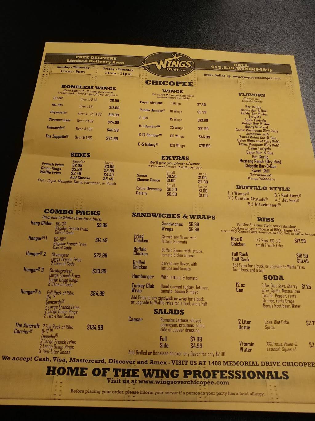 Wings Over Chicopee | restaurant | 1408 Memorial Dr, Chicopee, MA 01020, USA | 4135399464 OR +1 413-539-9464