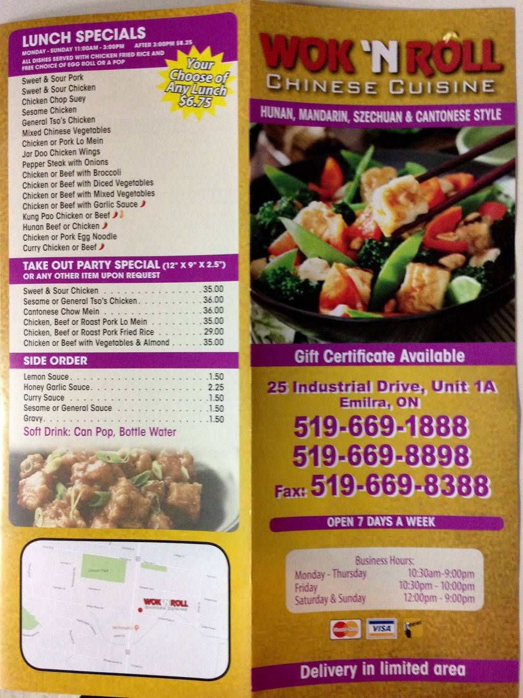Wok N Roll | restaurant | 25 Industrial Dr, Elmira, ON N3B 3K3, Canada | 5196691888 OR +1 519-669-1888