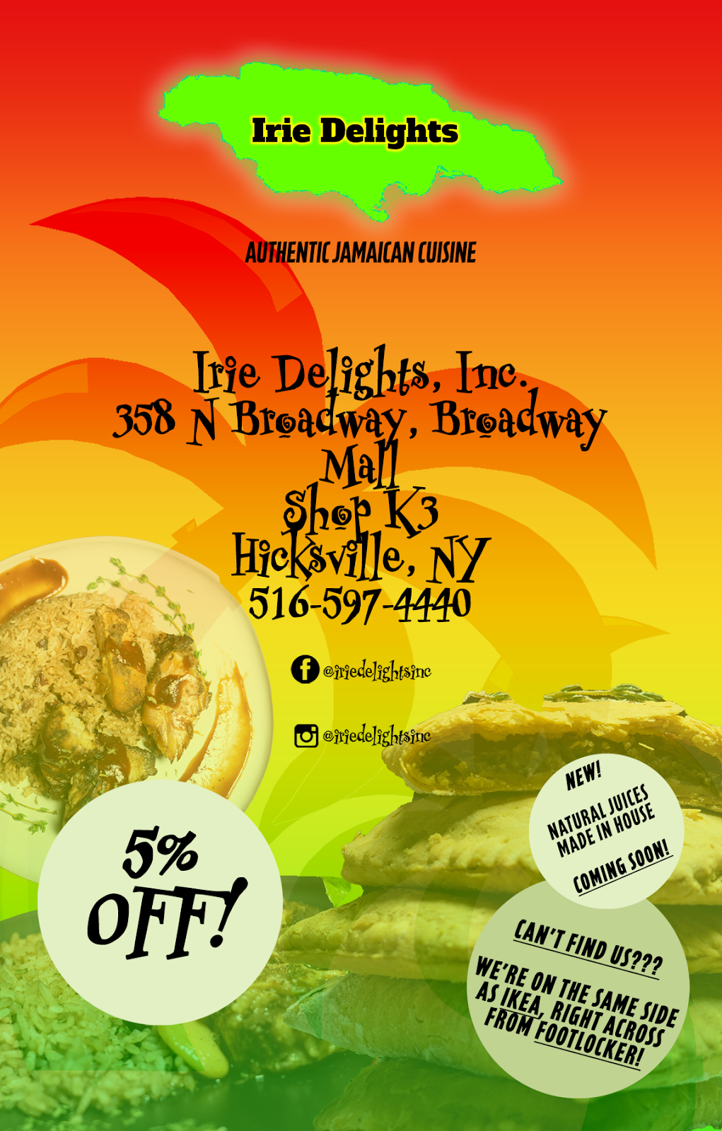 Irie Delights Inc | restaurant | 358 Broadway Mall Shop K3, Hicksville, NY 11801, USA | 5165974440 OR +1 516-597-4440