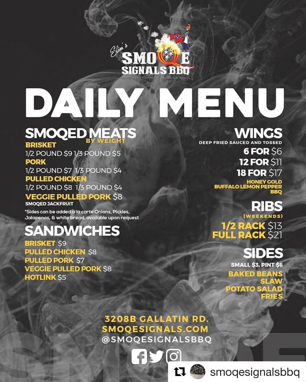 SmoQe Signals BBQ | restaurant | 3208B Gallatin Pike, Nashville, TN 37216, USA | 6159537077 OR +1 615-953-7077