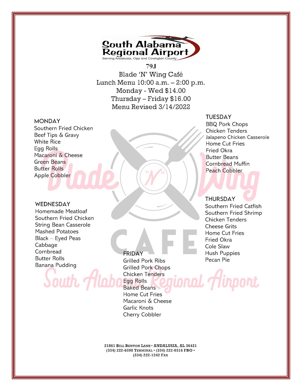 Blade “N” Wing Cafe | restaurant | South Alabama Regional, Andalusia, AL 36421, USA | 3342220638 OR +1 334-222-0638