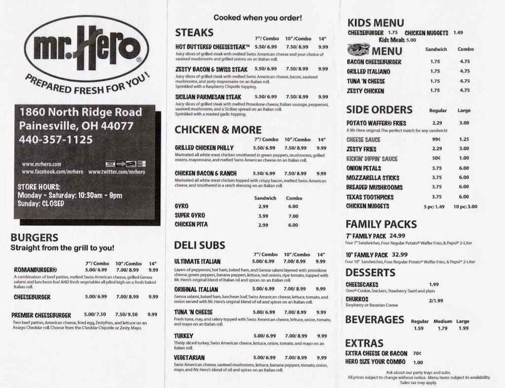 Mr Hero | restaurant | 1860 N Ridge Rd, Painesville, OH 44077, USA | 4403571125 OR +1 440-357-1125