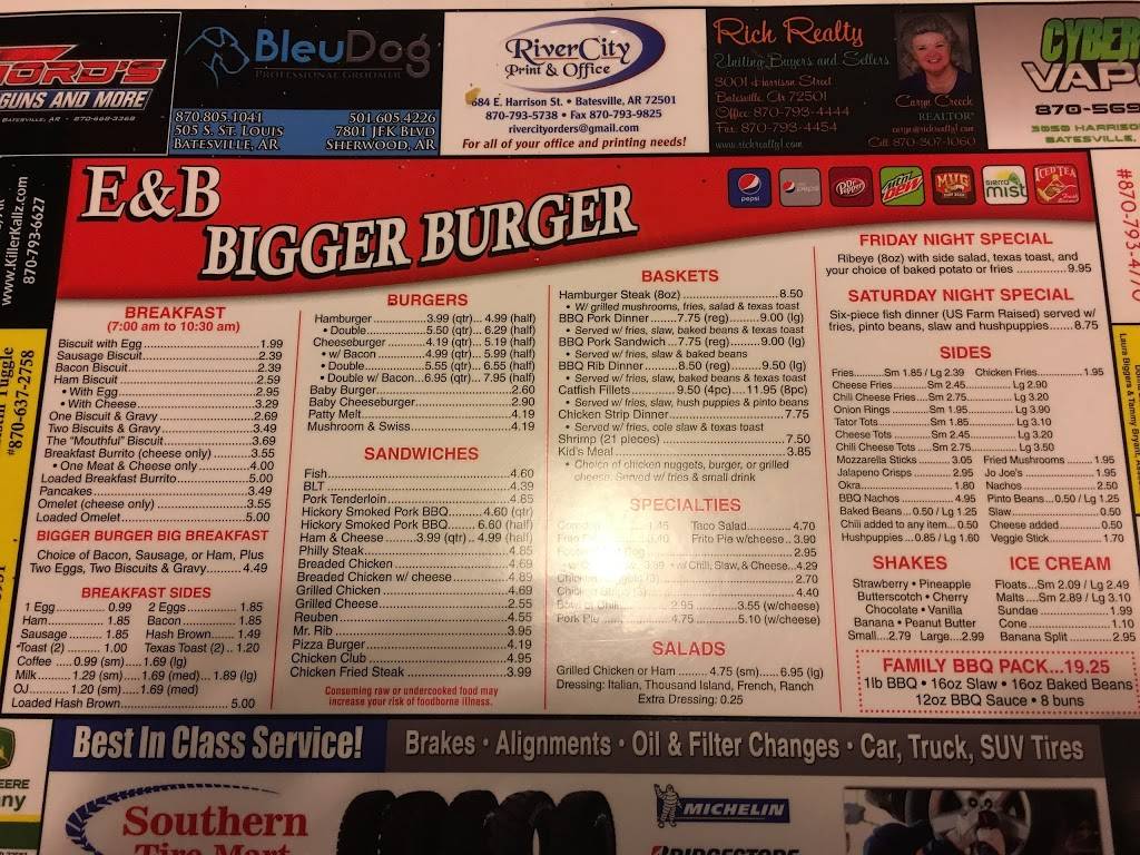 E & B Bigger Burgers | restaurant | 2170 N Central Ave, Batesville, AR 72501, USA | 8706989088 OR +1 870-698-9088