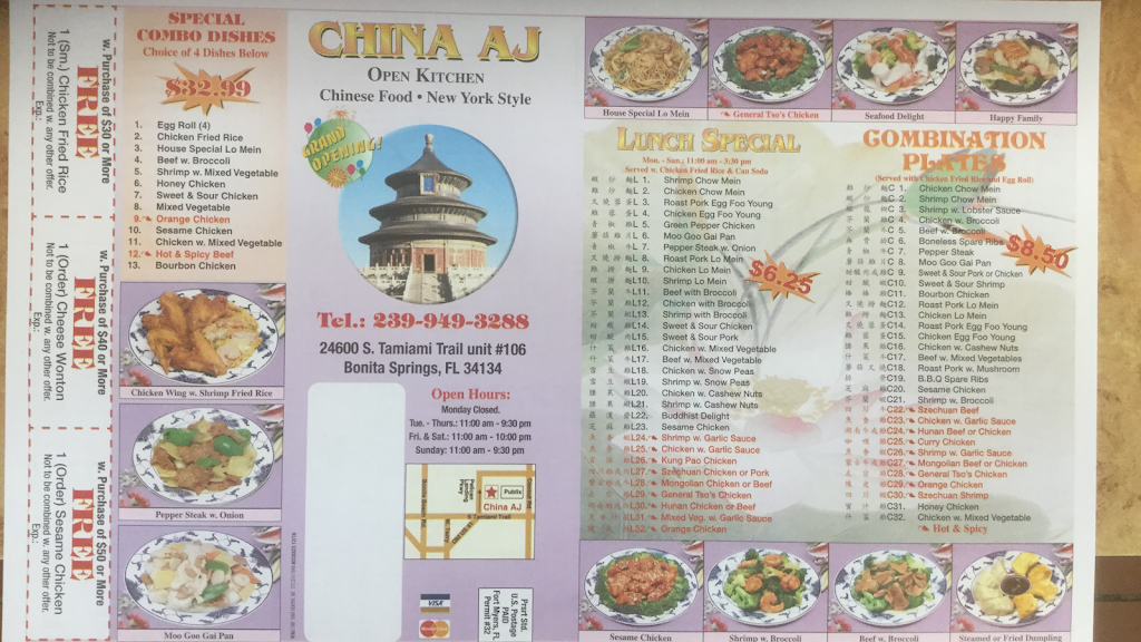 China AJ Chinese Restaurant | restaurant | 24600 S Tamiami Trail unit #106, Bonita Springs, FL 34134, USA | 2399493288 OR +1 239-949-3288