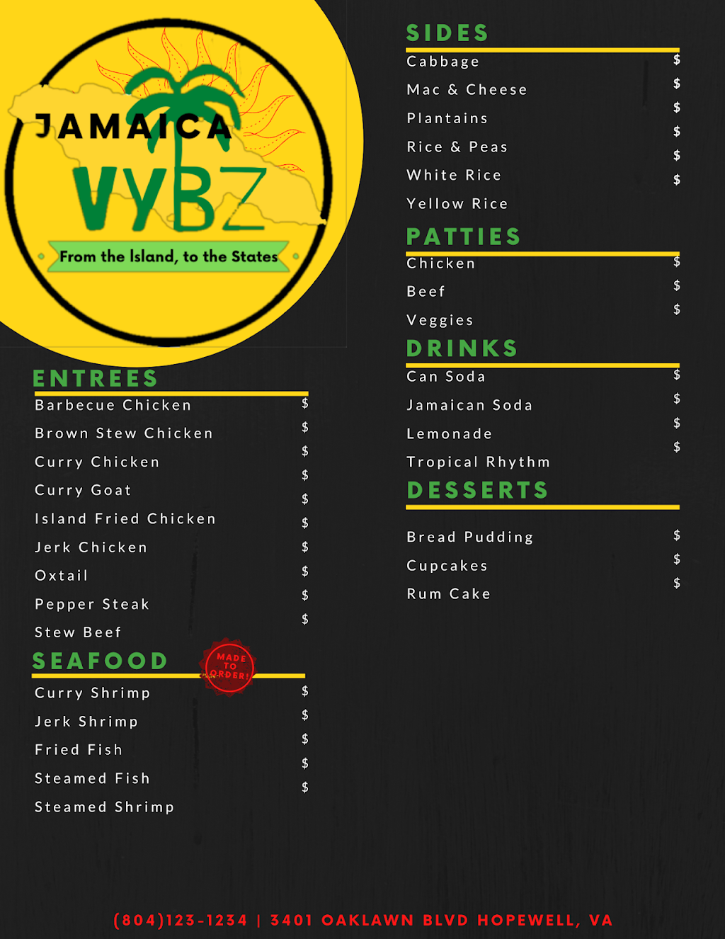Jamaica Vybz | restaurant | 3401 Oaklawn Blvd, Hopewell, VA 23860, USA | 8046685432 OR +1 804-668-5432