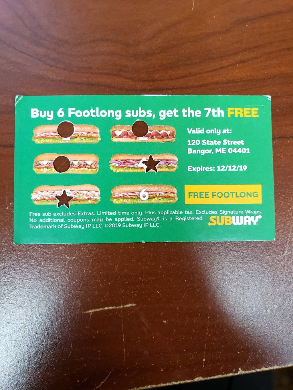 Subway | restaurant | 120 State St, Bangor, ME 04401, USA | 2079450076 OR +1 207-945-0076