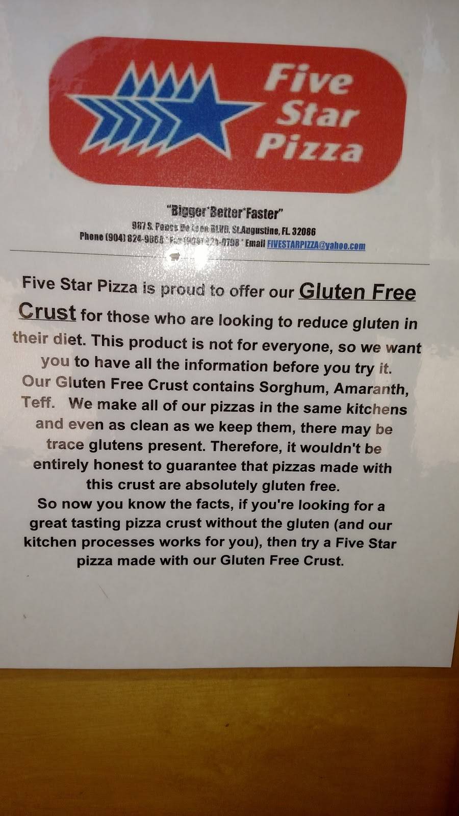 Five Star Pizza | restaurant | 987 S Ponce De Leon Blvd, St. Augustine, FL 32084, USA | 9048249868 OR +1 904-824-9868