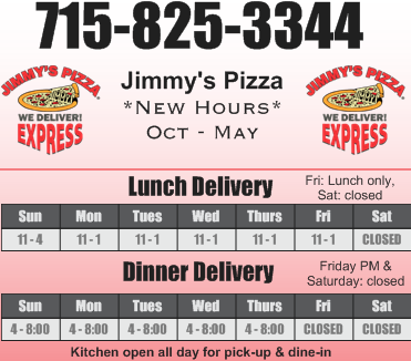 Jimmys Pizza | meal delivery | 97 Main St W, Milltown, WI 54858, USA | 7158253344 OR +1 715-825-3344