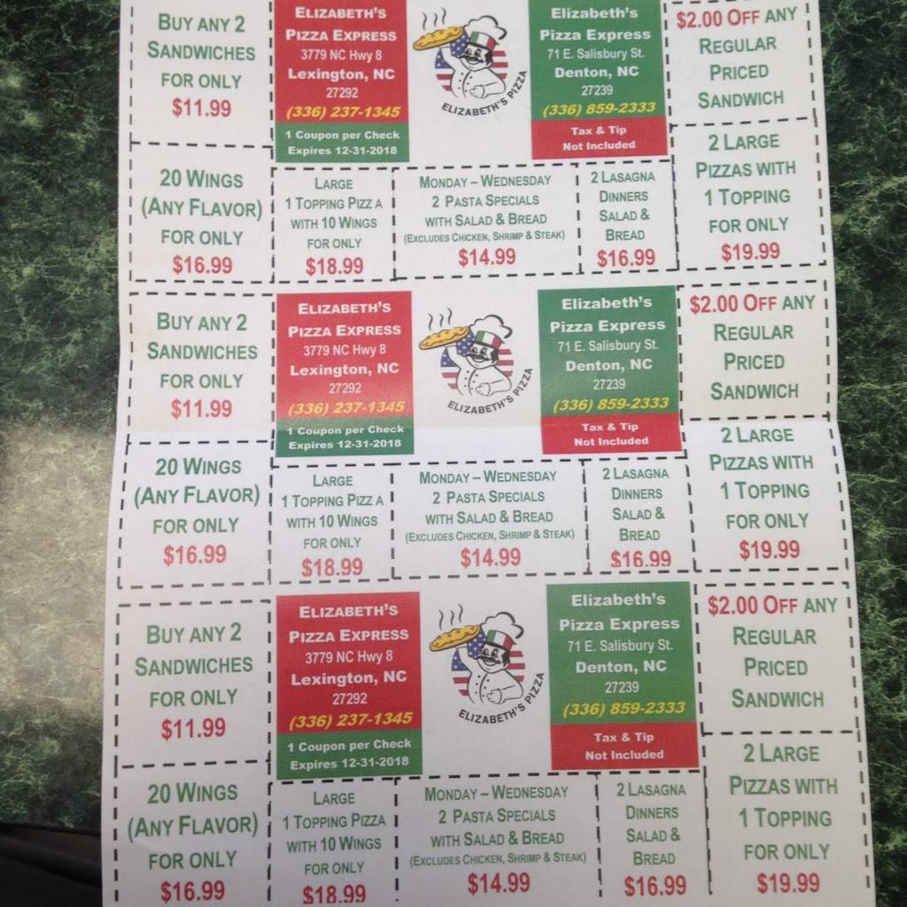 Elizabeths Pizza Express | restaurant | 3779 NC-8, Lexington, NC 27292, USA | 3362371345 OR +1 336-237-1345