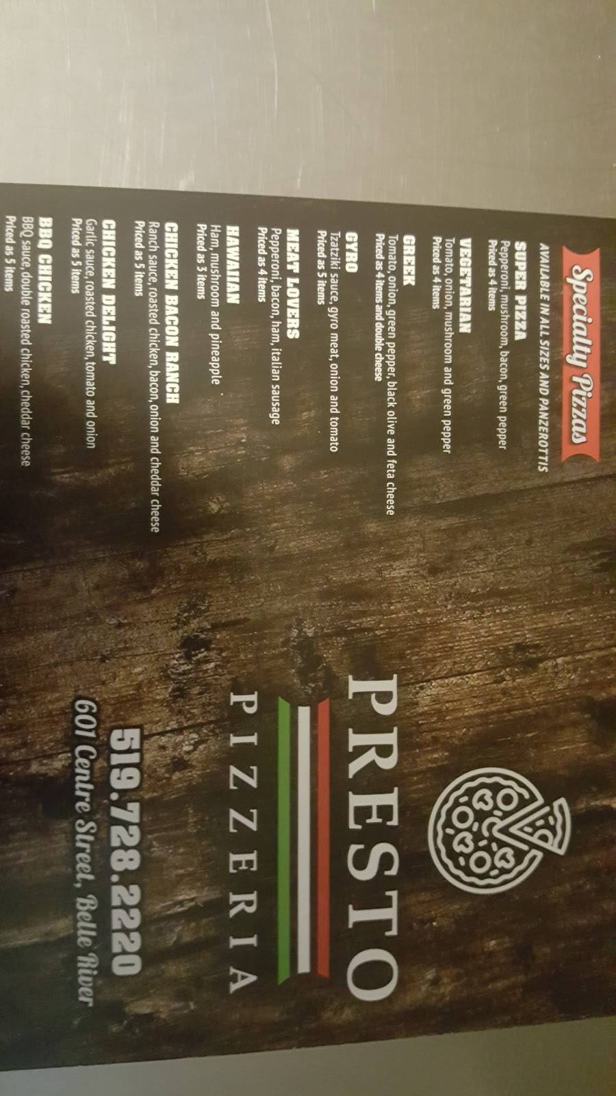 Presto Pizzeria | restaurant | 601 Centre St #5, Belle River, ON N0R 1A0, Canada | 5197282220 OR +1 519-728-2220