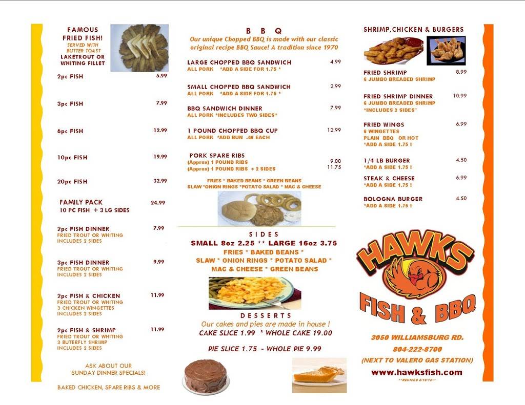 Hawks Fish & BBQ | restaurant | 3050 Williamsburg Rd, Henrico, VA 23231, USA | 8042228700 OR +1 804-222-8700