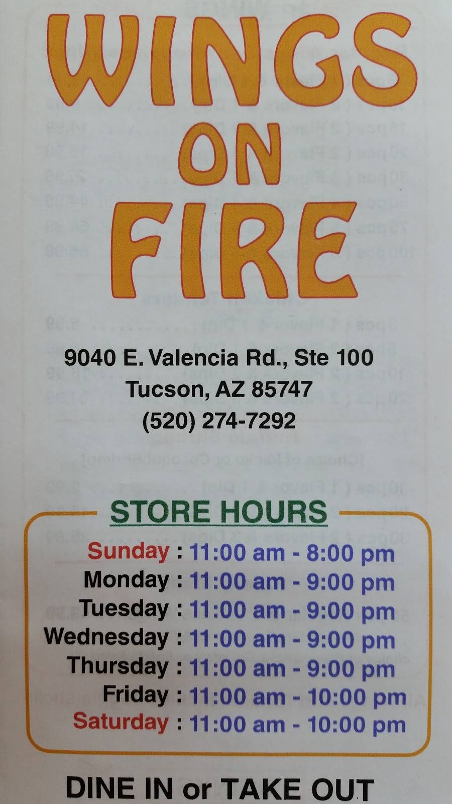 Wings on Fire | restaurant | 9040 E Valencia Rd Ste 100, Tucson, AZ 85747, USA | 5202747292 OR +1 520-274-7292