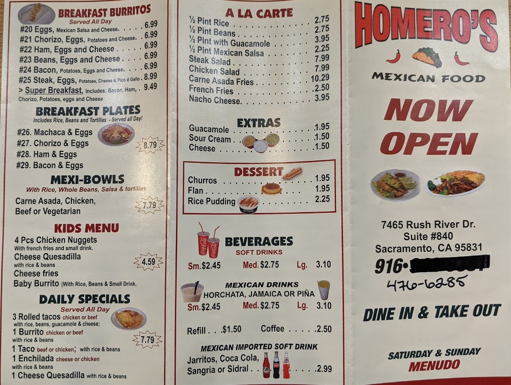 Homeros Mexican Food | restaurant | 7465 Rush River Dr Suite 840, Sacramento, CA 95831, USA | 9164766282 OR +1 916-476-6282