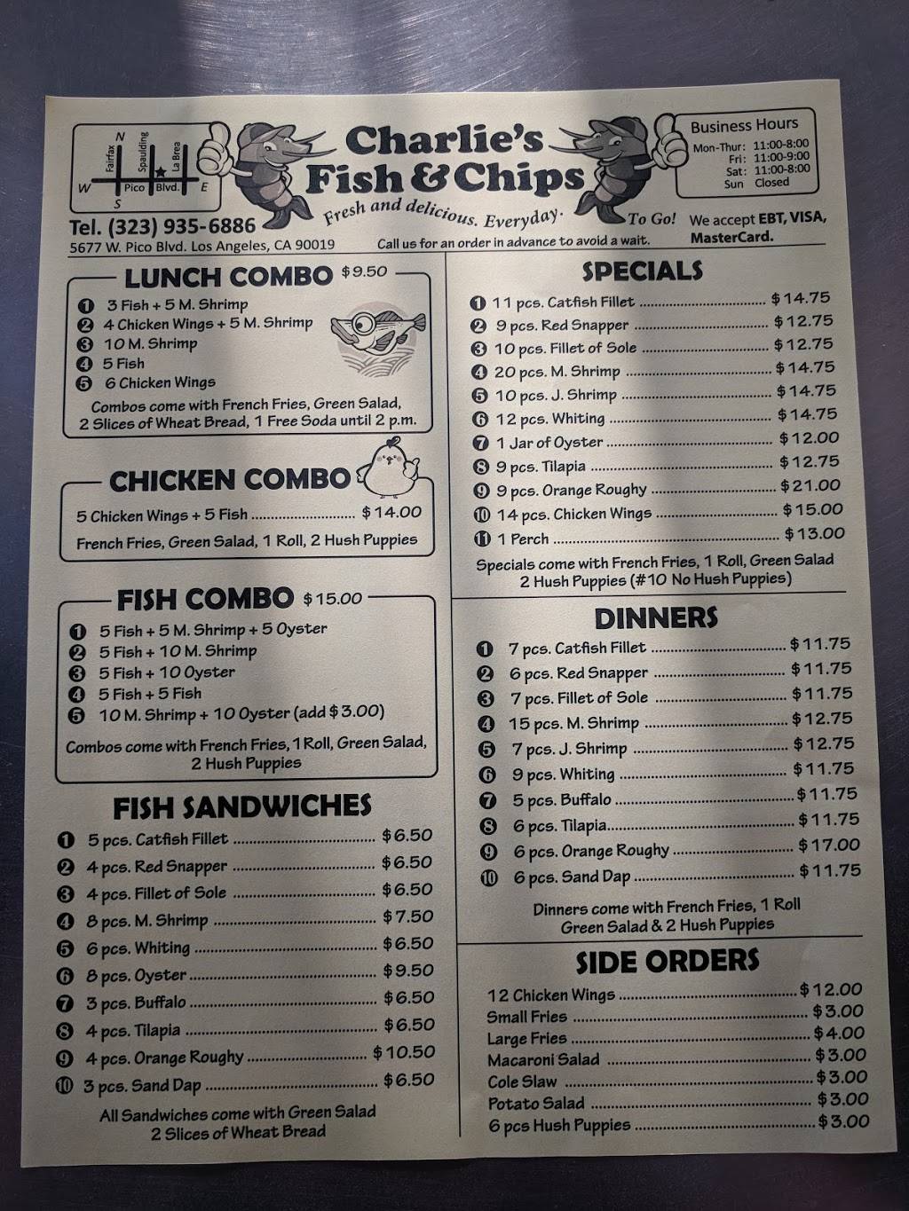 Charlies Fish & Chip | restaurant | 5677 Pico Blvd #7, Los Angeles, CA 90019, USA | 3239356886 OR +1 323-935-6886