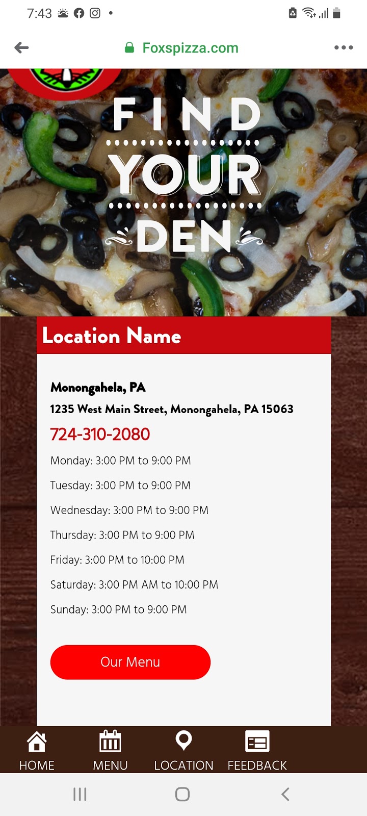 Foxs Pizza Den | restaurant | 1235 W Main St, Monongahela, PA 15063, USA | 7243102080 OR +1 724-310-2080