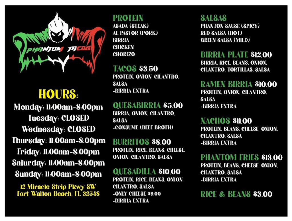 Phantom Tacos | restaurant | 8 Miracle Strip Pkwy SW, Fort Walton Beach, FL 32548, USA | 8509020272 OR +1 850-902-0272