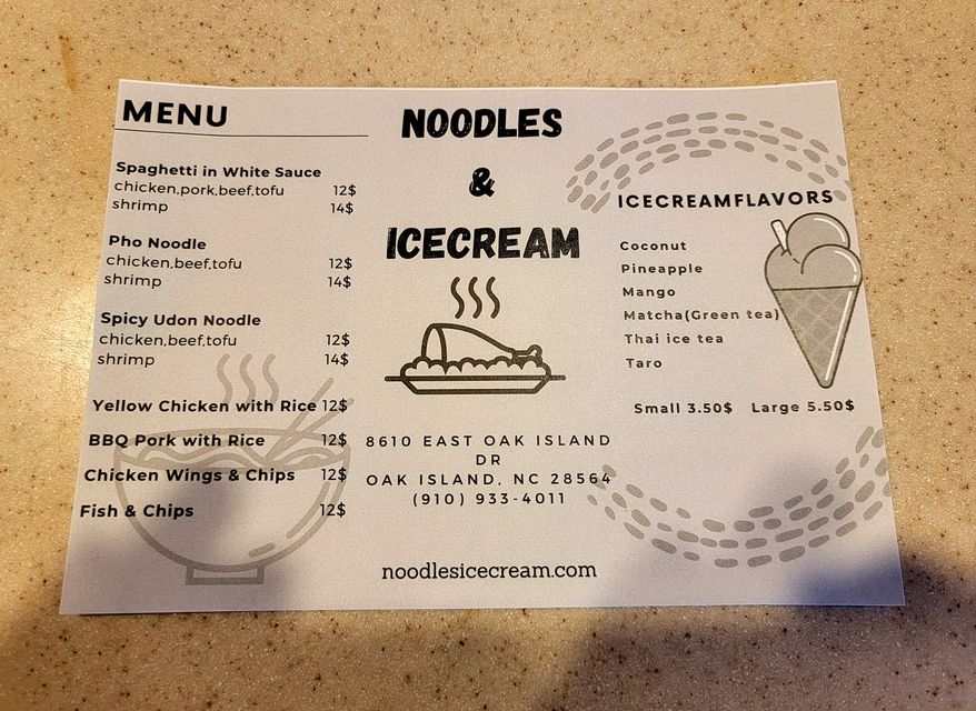 Noodles & Ice Cream | restaurant | 8610 E Oak Island Dr, Oak Island, NC 28465, USA | 9109334011 OR +1 910-933-4011