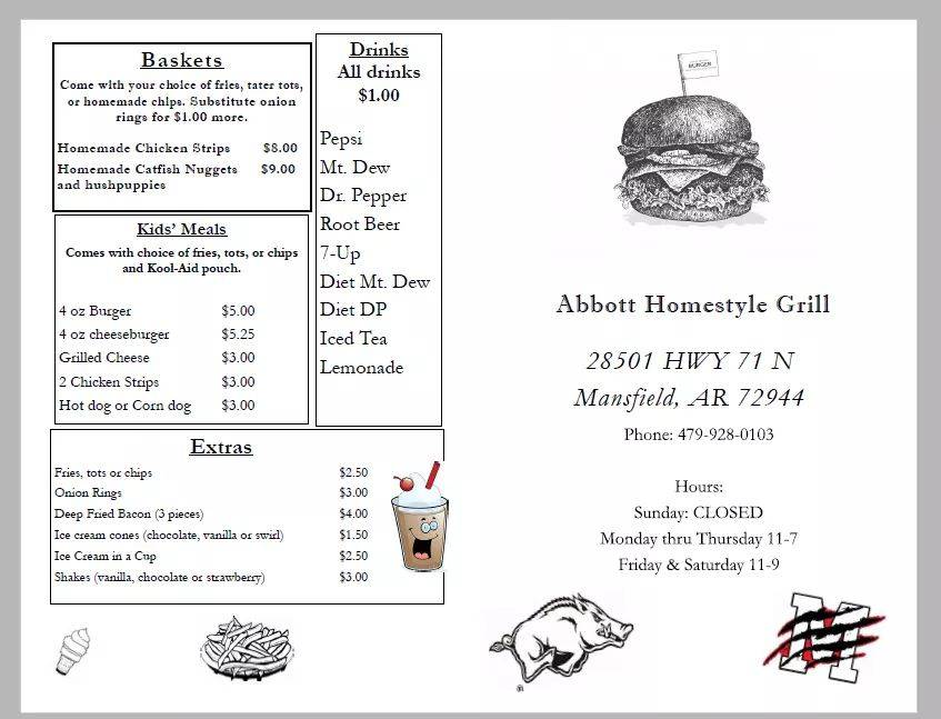 Abbott Homestyle Grill | restaurant | 28501 US-71, Mansfield, AR 72944, USA | 4799280103 OR +1 479-928-0103