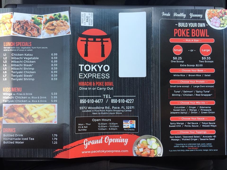 Tokyo Express | restaurant | 5572 Woodbine Rd, Milton, FL 32571, USA | 8509104477 OR +1 850-910-4477