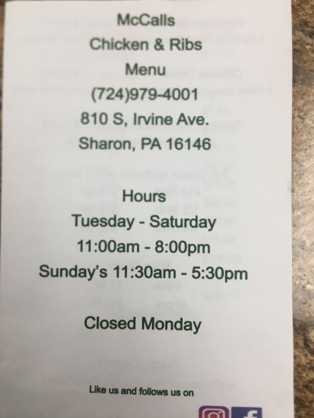 Mccall’s Chicken & Ribs | restaurant | 810 S Irvine Ave, Sharon, PA 16146, USA | 7248772631 OR +1 724-877-2631