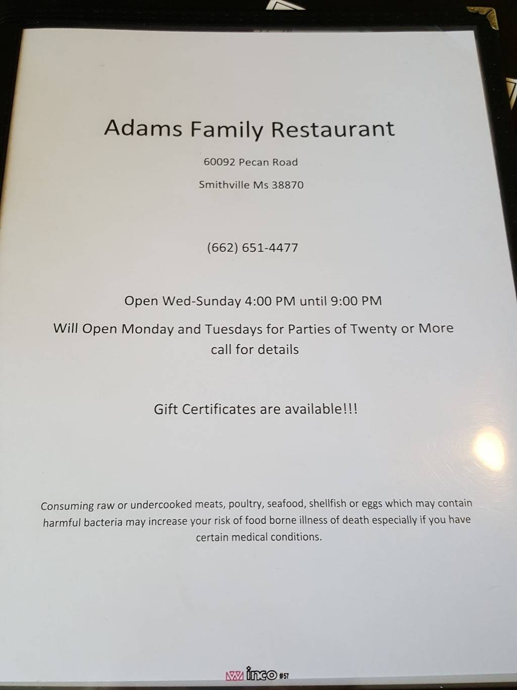 ADAMS FAMILY RESTAURANT | restaurant | 60092 Pecan Rd, Smithville, MS 38870, USA | 6626514477 OR +1 662-651-4477