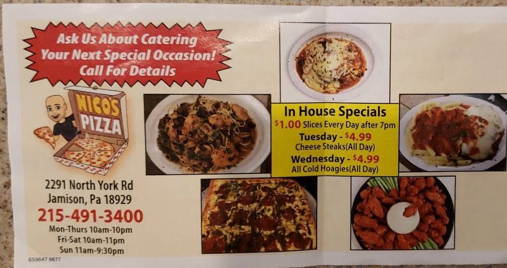 Nicos Pizza | restaurant | 2291 North York Rd, Jamison, PA 18929, USA | 2154913400 OR +1 215-491-3400
