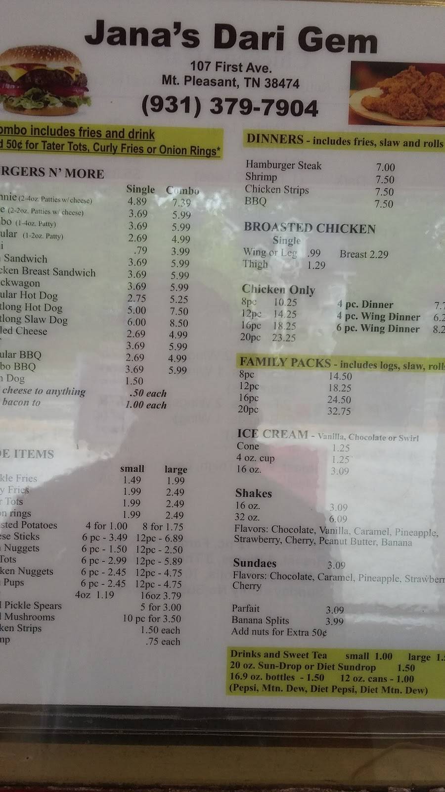 Dari Gem Janas | restaurant | 107 1st Ave, Mt Pleasant, TN 38474, USA | 9313797904 OR +1 931-379-7904