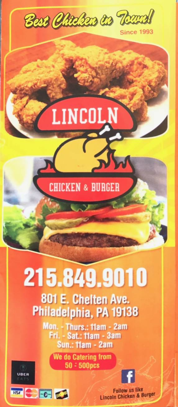 Lincoln Chicken & Burger | restaurant | 801 E Chelten Ave, Philadelphia, PA 19138, USA | 2158499010 OR +1 215-849-9010