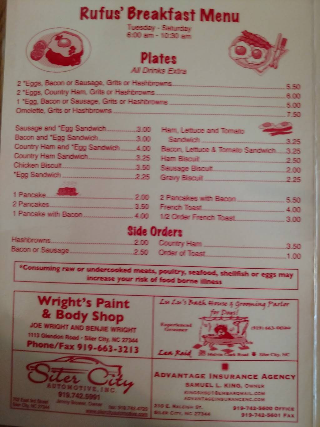 Rufus Restaurant | restaurant | 1977 N Main St, Goldston, NC 27252, USA | 9198984841 OR +1 919-898-4841