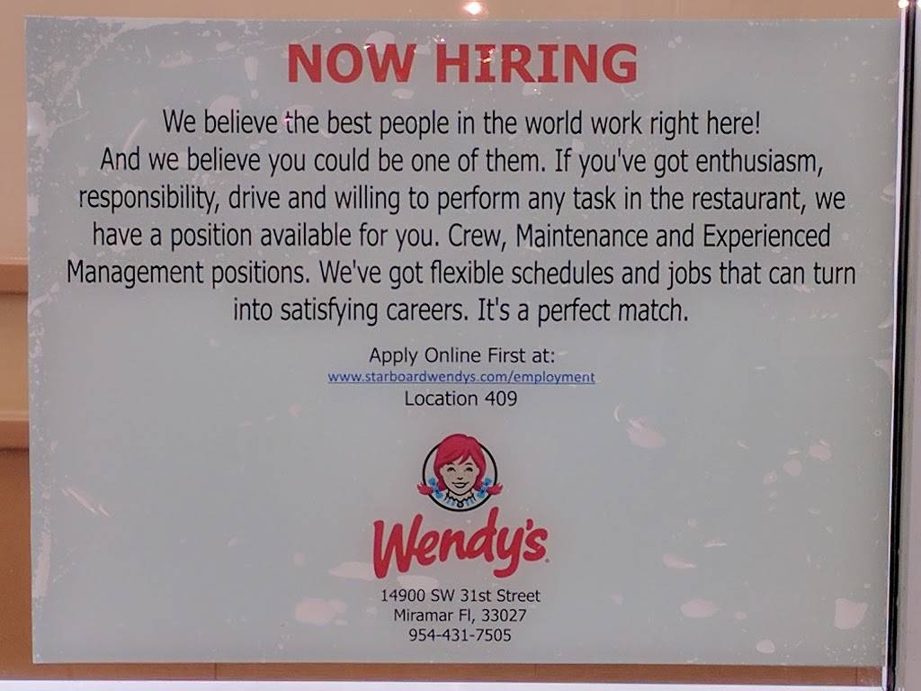 Wendys | restaurant | 14900 SW 31st St, Miramar, FL 33027, USA | 9544317505 OR +1 954-431-7505