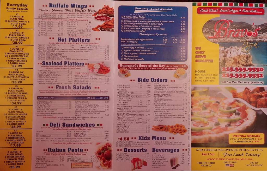 Bravos Pizza | restaurant | 6702 Torresdale Ave, Philadelphia, PA 19135, USA | 2153359550 OR +1 215-335-9550