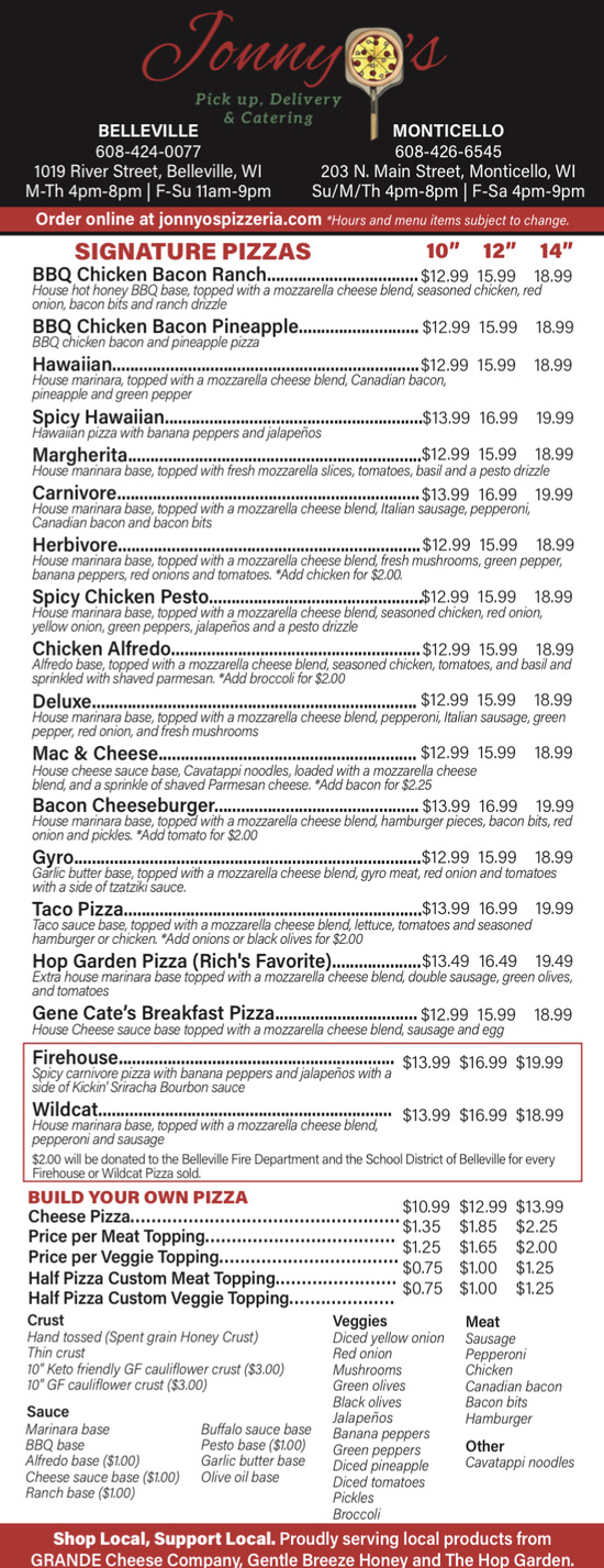 JonnyOs Pizzeria | restaurant | 203 N Main St, Monticello, WI 53570, USA | 6084266545 OR +1 608-426-6545